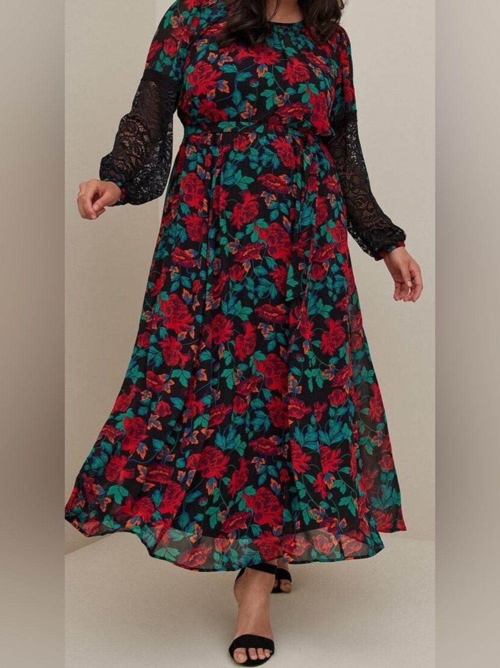 NWT Torrid Size 0 (L/12) Floral Maxi Chiffon Lace Sleeve Peasant Dress